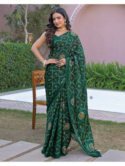 SATRANI - Women Green Foil Printed Chiffon Saree With Unstitched Blouse