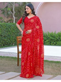 SATRANI - Women Red Foil Printed Chiffon Saree With Unstitched Blouse