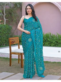 SATRANI - Women Teal Blue Foil Printed Chiffon Saree With Unstitched Blouse