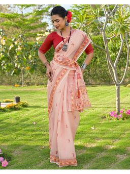 SATRANI - Women Peach Printed Linen Saree With Unstitched Blouse