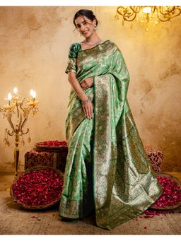 SATRANI - Women Pista Green Woven Silk Saree With Unstitched Blouse