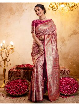 SATRANI - Women Dark Dusty Pink Woven Silk Saree With Unstitched Blouse