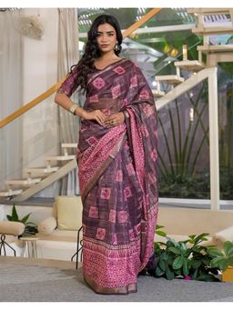 SATRANI - Women Purple Printed Linen Saree With Unstitched Blouse