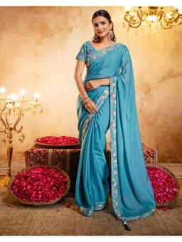 SATRANI - Women Teal Blue Embroidery Lace and Tassels Shimmer Saree With Unstitched Blouse