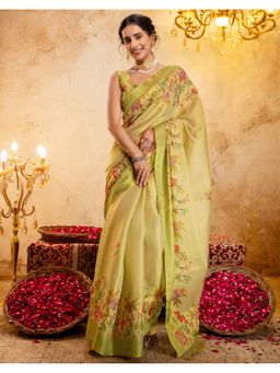 SATRANI - Women Beige Printed Shimmer Silk Saree With Unstitched Blouse
