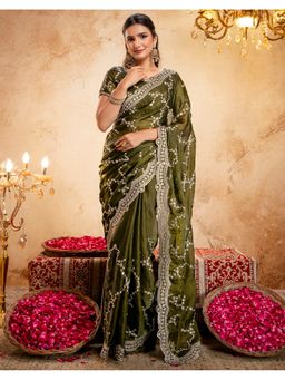 SATRANI - Women Mehndi Green Sequins Embroidery and Scalloped Border Tissue Silk Saree