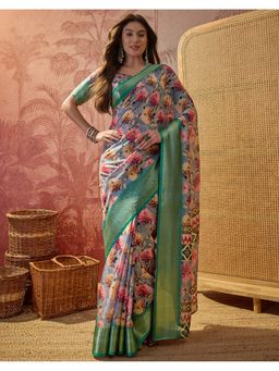 SATRANI - Women Grey Floral Printed Silk Saree With Unstitched Blouse