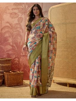 SATRANI - Women Multi Printed , Woven Border Silk Saree With Unstitched Blouse
