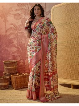 SATRANI - Women Multi Printed ,Woven Border Silk Saree With Unstitched Blouse