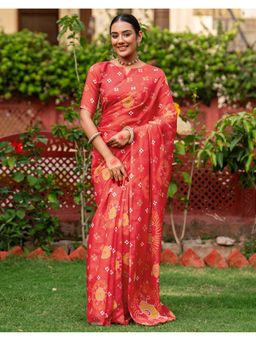 SATRANI - Women Coral Red Bandhani Printed Linen Saree With Unstitched Blouse