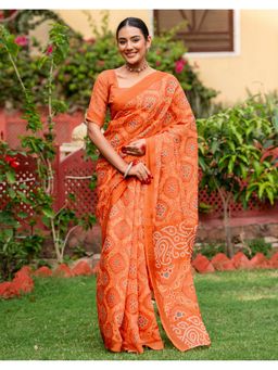 SATRANI - Women Light Orange Bandhani Printed Linen Saree With Unstitched Blouse