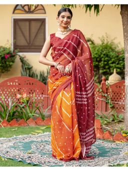 SATRANI - Women Orange and Maroon Bandhani Printed Linen Saree With Unstitched Blouse