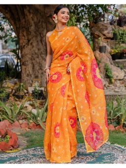 SATRANI - Women Orange Bandhani Printed Linen Saree With Unstitched Blouse