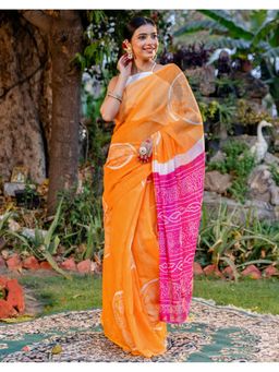 SATRANI - Women Light Orange Bandhani Printed Linen Saree With Unstitched Blouse