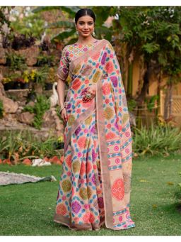 SATRANI - Women Peach Bandhani Printed Linen Saree With Unstitched Blouse