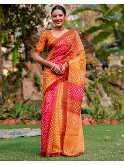 SATRANI - Women Orange and Pink Bandhani Printed Linen Saree With Unstitched Blouse