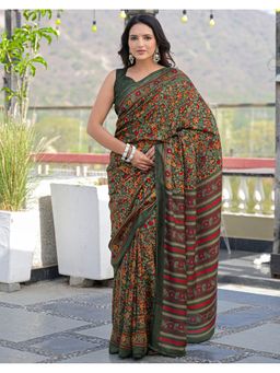 SATRANI - Women Green Printed Silk Saree With Unstitched Blouse