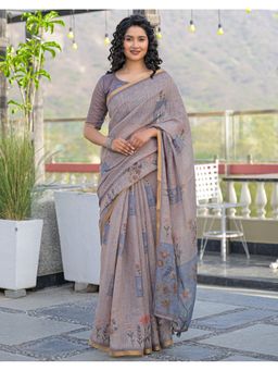 SATRANI - Women Grey Floral Printed Linen Saree With Unstitched Blouse