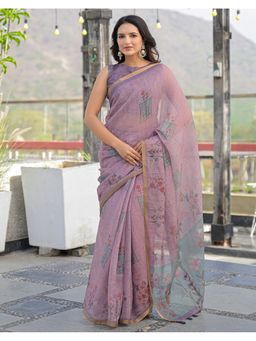 SATRANI - Women Mauve Floral Printed Linen Saree With Unstitched Blouse