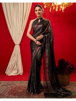 SATRANI - Women Black Foil Printed Chiffon Saree With Unstitched Blouse