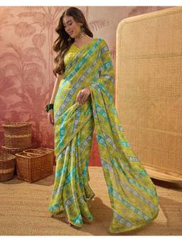 SATRANI - Women Parrot Green Bandhani Printed Chiffon Saree With Unstitched Blouse