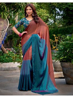 SATRANI - Women Brown, Peacock Blue Ombre Chiffon Saree With Unstitched Blouse