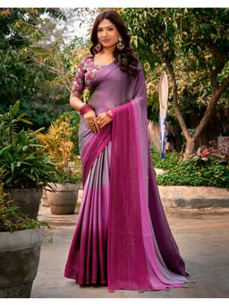 SATRANI - Women Mauve, Magenta Ombre Chiffon Saree With Unstitched Blouse