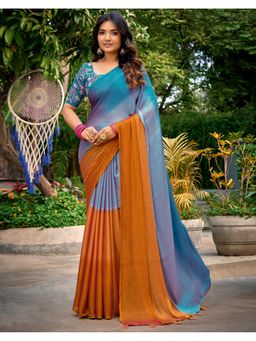 SATRANI - Women Teal Blue, Dark Mustard Ombre Chiffon Saree With Unstitched Blouse