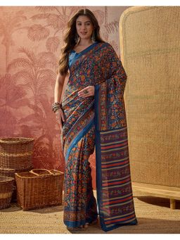 SATRANI - Women Dark Blue Printed Silk Saree With Unstitched Blouse