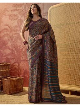SATRANI - Women Coffee Brown Printed Silk Saree With Unstitched Blouse