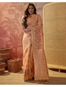 SATRANI - Women Peach Woven and Tassels Silk Saree With Unstitched Blouse