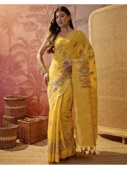 SATRANI - Women Yellow Woven and Tassels Silk Saree With Unstitched Blouse
