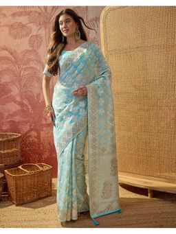 SATRANI - Women Sky Blue Weaving and Stone Work Silk Saree With Unstitched Blouse