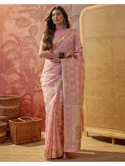 SATRANI - Women Pink Weaving and Stone Work Silk Saree With Unstitched Blouse