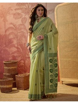 SATRANI - Women Pista Green Woven and Tassels Silk Saree With Unstitched Blouse