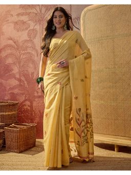 SATRANI - Women Dusty Mustard Woven and Tassels Silk Saree With Unstitched Blouse