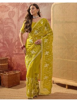 SATRANI - Women Lime Green Embroidery Shimmer Saree With Unstitched Blouse