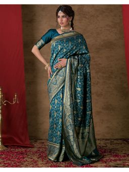 SATRANI - Women Peacock Blue Woven Silk Saree With Unstitched Blouse