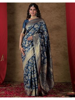 SATRANI - Women Dark Blue Woven Silk Saree With Unstitched Blouse