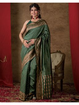 SATRANI - Women Dark Green Woven Silk Saree With Unstitched Blouse