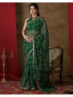 SATRANI - Women Green Bandhani Printed Chiffon Saree With Unstitched Blouse