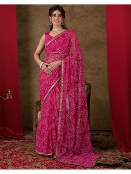 SATRANI - Women Pink Bandhani Printed Chiffon Saree With Unstitched Blouse