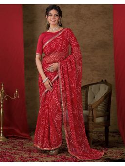 SATRANI - Women Red Bandhani Printed Chiffon Saree With Unstitched Blouse