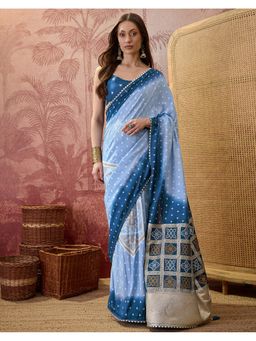 SATRANI - Women Light Blue Bandhani Printed Silk Saree With Unstitched Blouse