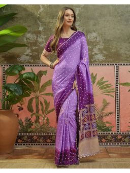 SATRANI - Women Purple Bandhani Printed Silk Saree With Unstitched Blouse