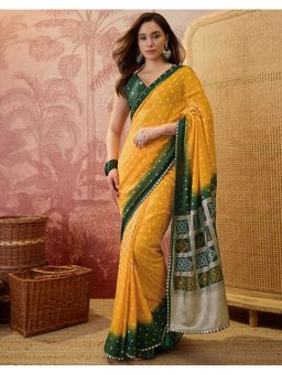 SATRANI - Women Yellow Bandhani Printed Silk Saree With Unstitched Blouse