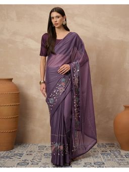 SATRANI - Women Purple Yellow Sequins Embroidery Saree With Unstitched Blouse