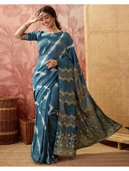 SATRANI - Women Dusty Rama Blue Zari Woven Printed Silk Saree With Unstitched Blouse