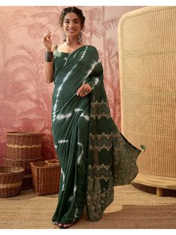 SATRANI - Women Green Zari Woven Printed Silk Saree With Unstitched Blouse