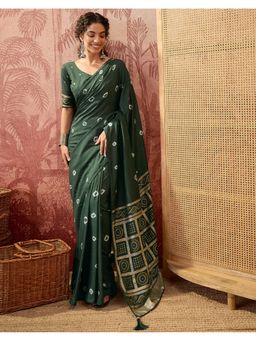 SATRANI - Women Green Bandhani Printed Silk Saree With Unstitched Blouse
